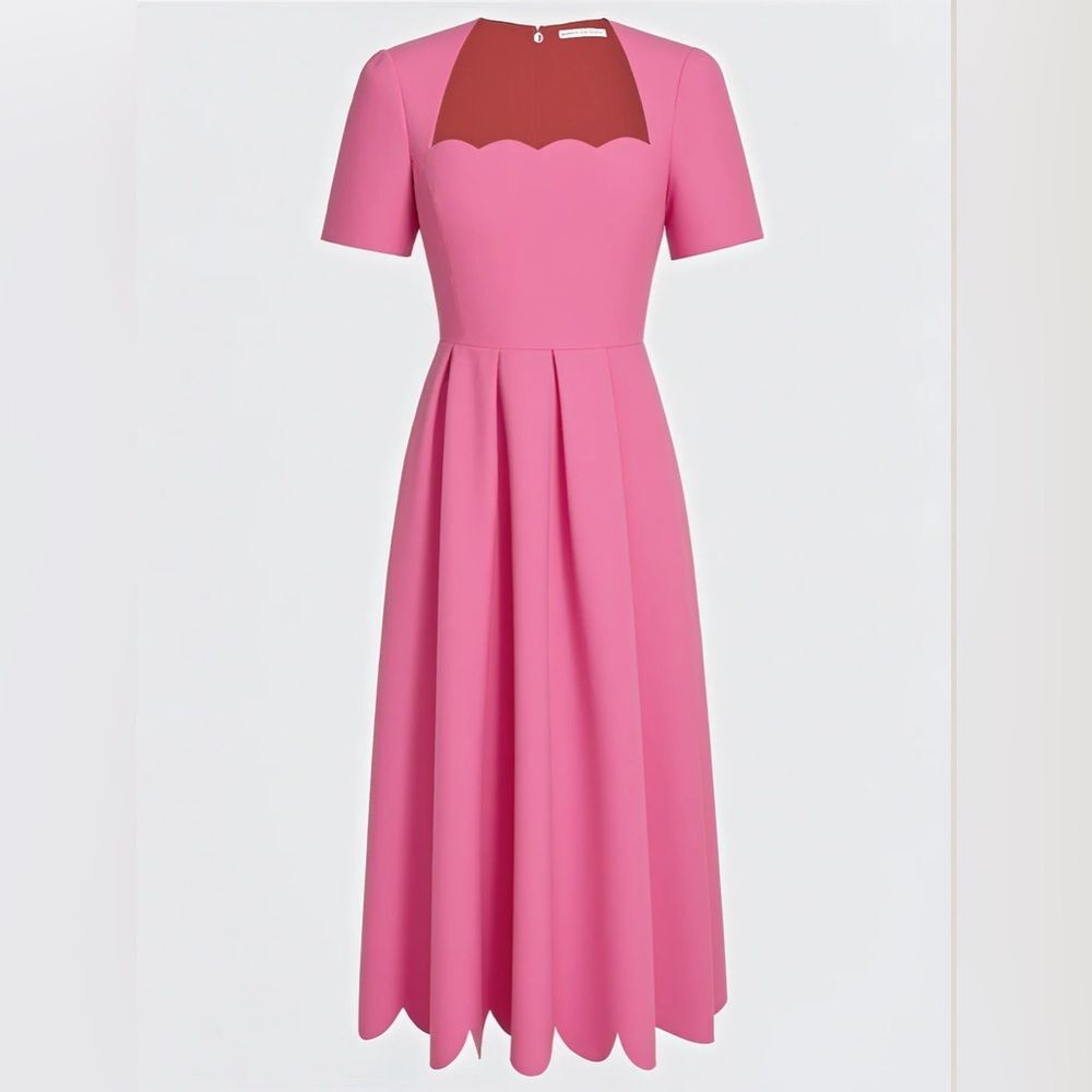 Fehaute Scalloped Square Neck Short Sleeve A-Line Midi Dress in Rose Red 4 NWOT - Picture 2 of 15
